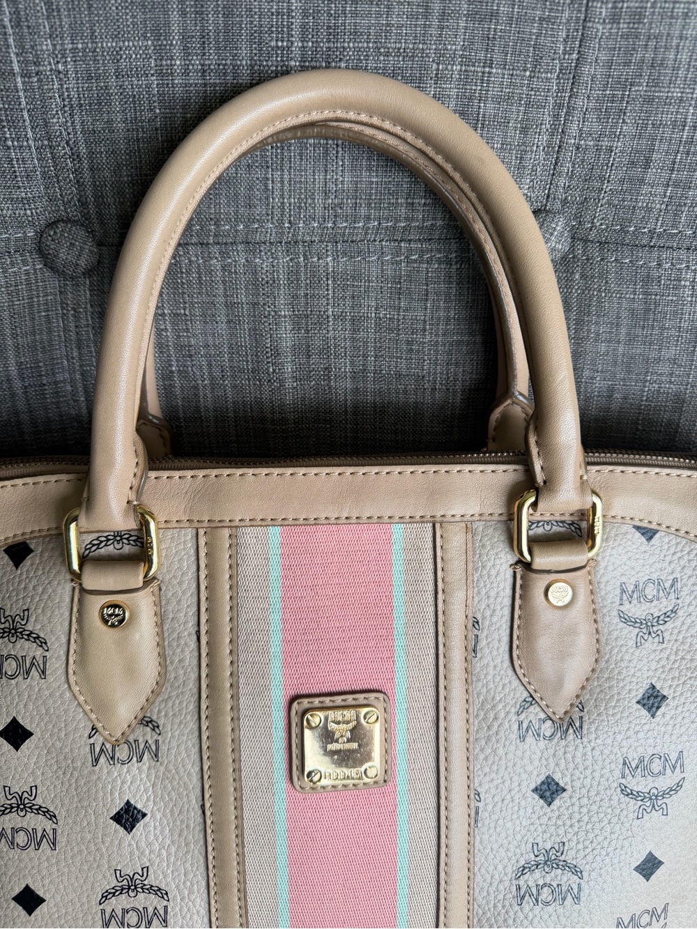 MCM Beige Satchel with Pink and Mint Center Stripe - Picture 2 of 15